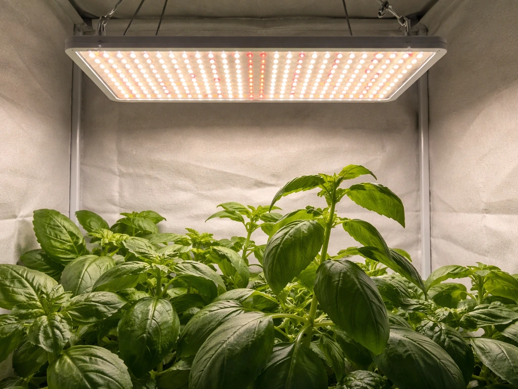 LED grow light panel mounted above leafy indoor plants in a clean grow tent setup.