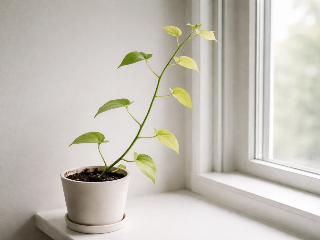 Leggy potted plant on a windowsill with wide leaf spacing and pale yellow-green leaves.