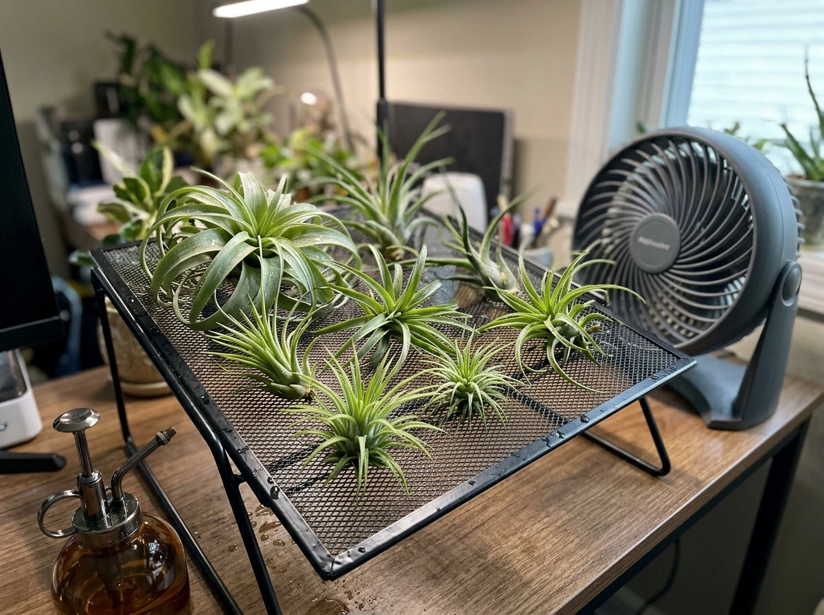 Air plants drying with airflow after watering