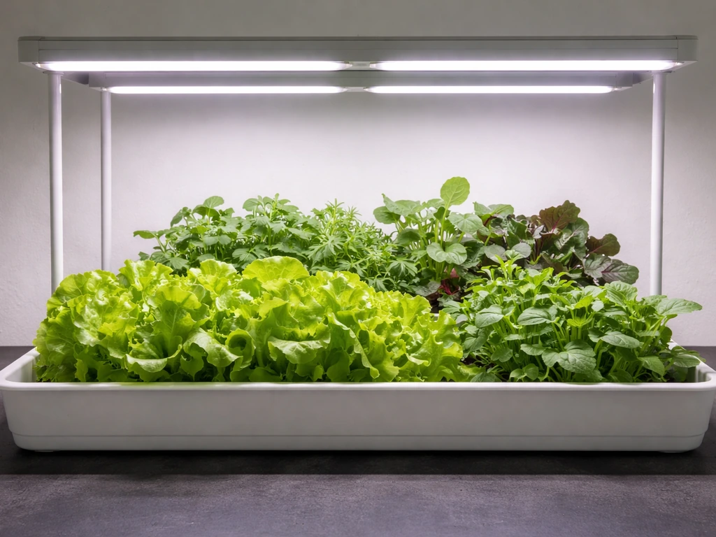 Indoor hydroponic tray with leafy greens and herbs under soft grow lights
