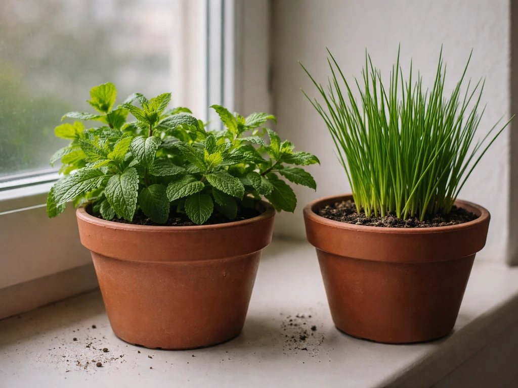 Pots of mint and chives on a windowsill showing lush green growth in low indoor light