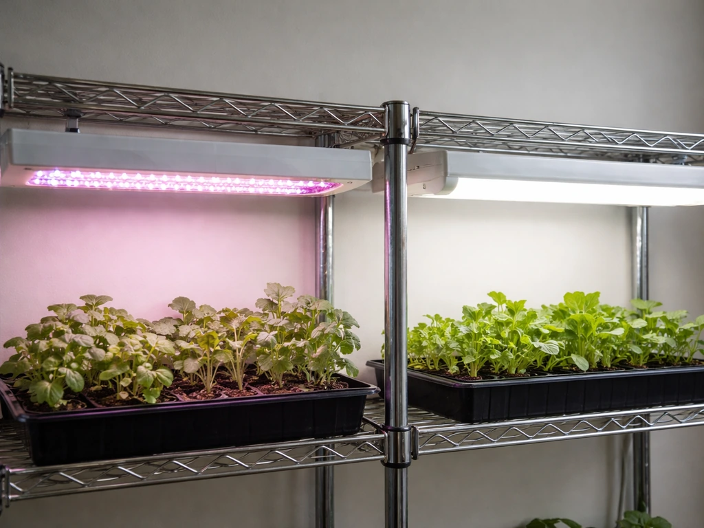 LED grow light and T5 fluorescent shop light mounted above potted seedlings in a small indoor shelf.