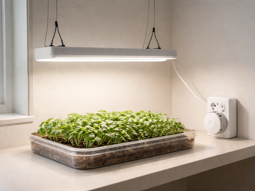 Grow light over a tray of leafy green seedlings with a visible timer/plug nearby.