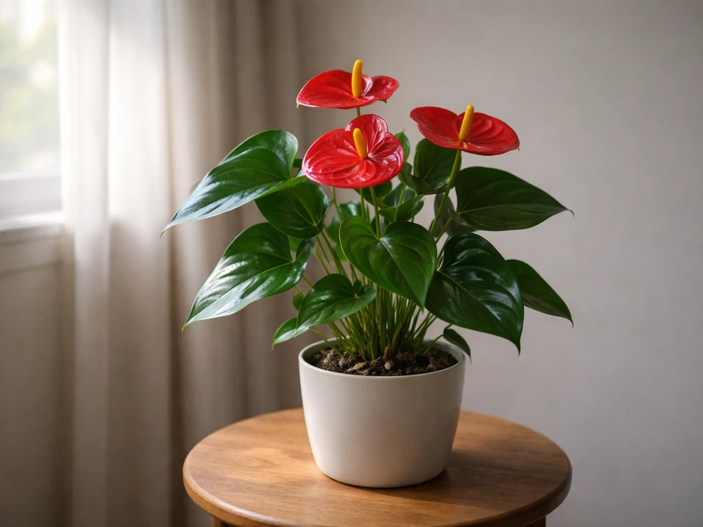 Healthy red anthurium near a dim window with soft, indirect light and glossy leaves.