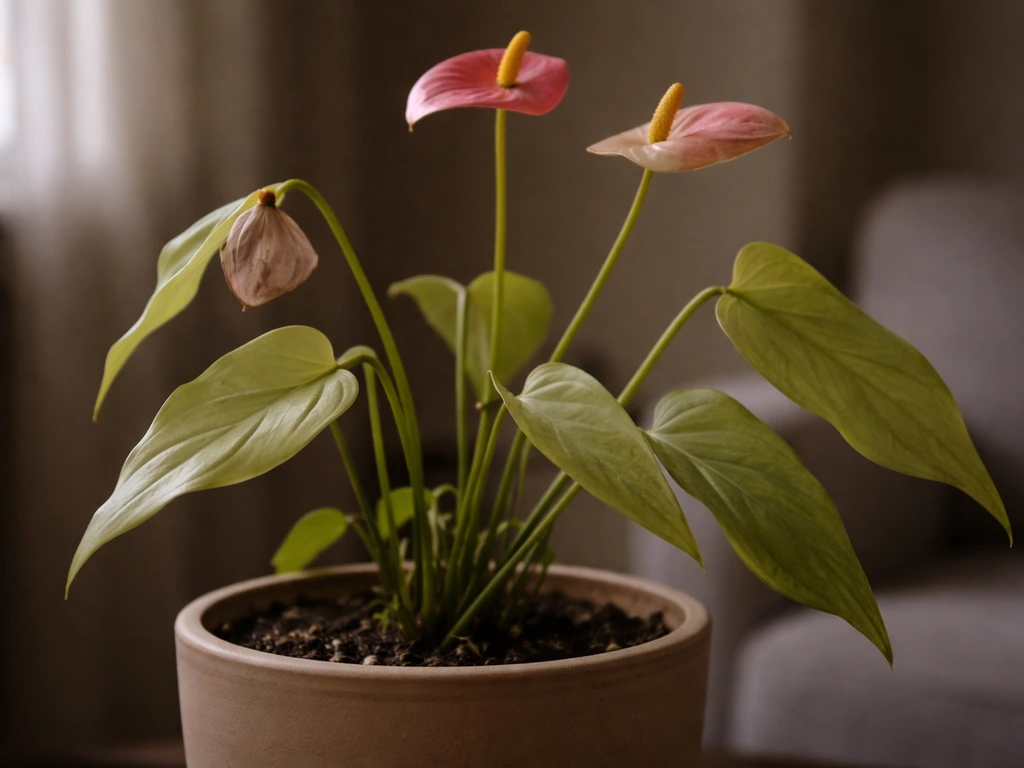 Close-up of an anthurium with pale leaves and sparse, leggy growth in a dim corner near a window