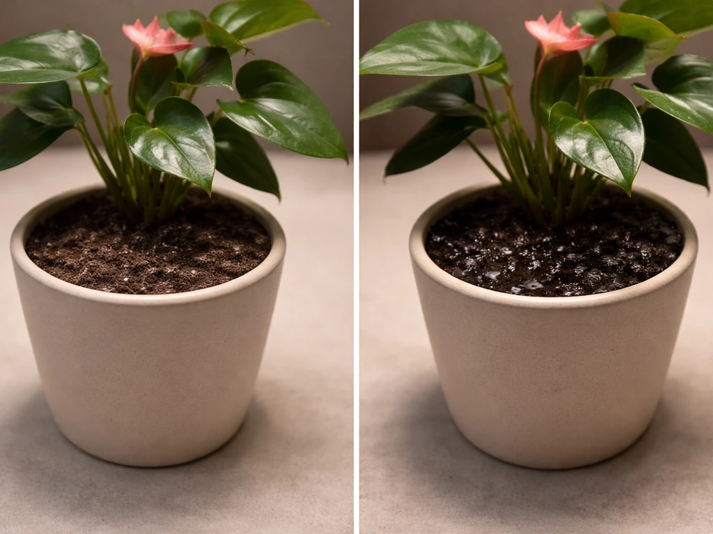 Two anthurium pots side-by-side showing dry-enough soil vs overly wet surface from overwatering.