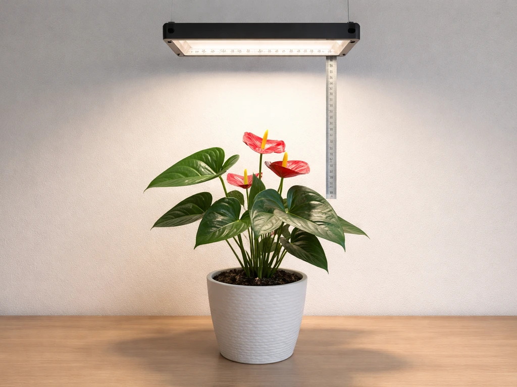 Anthurium under a grow light with a tape measure showing 12–18 inches to the leaf tops