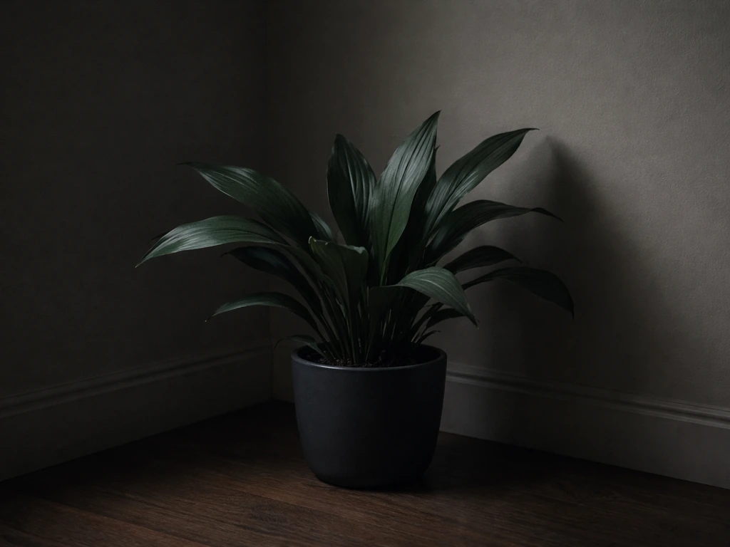 Deep-shade cast iron plant in a dim corner, replacing anthurium in low-light conditions.