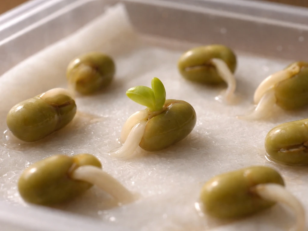 Mung bean sprout growing in a small tray, with tiny green leaves emerging from a germinating seed.