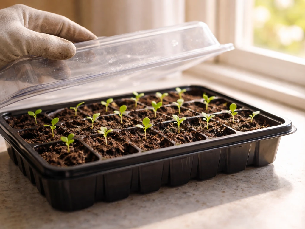 Close-up of a seed tray as a clear cover is lifted and the sprouts are exposed to light.