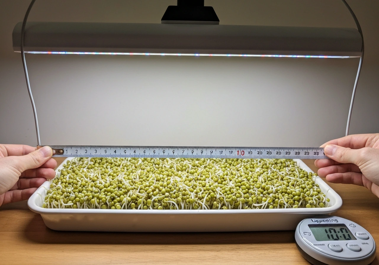 Hand measures 6–12 inches from an LED grow light to mung sprouts; small timer nearby.