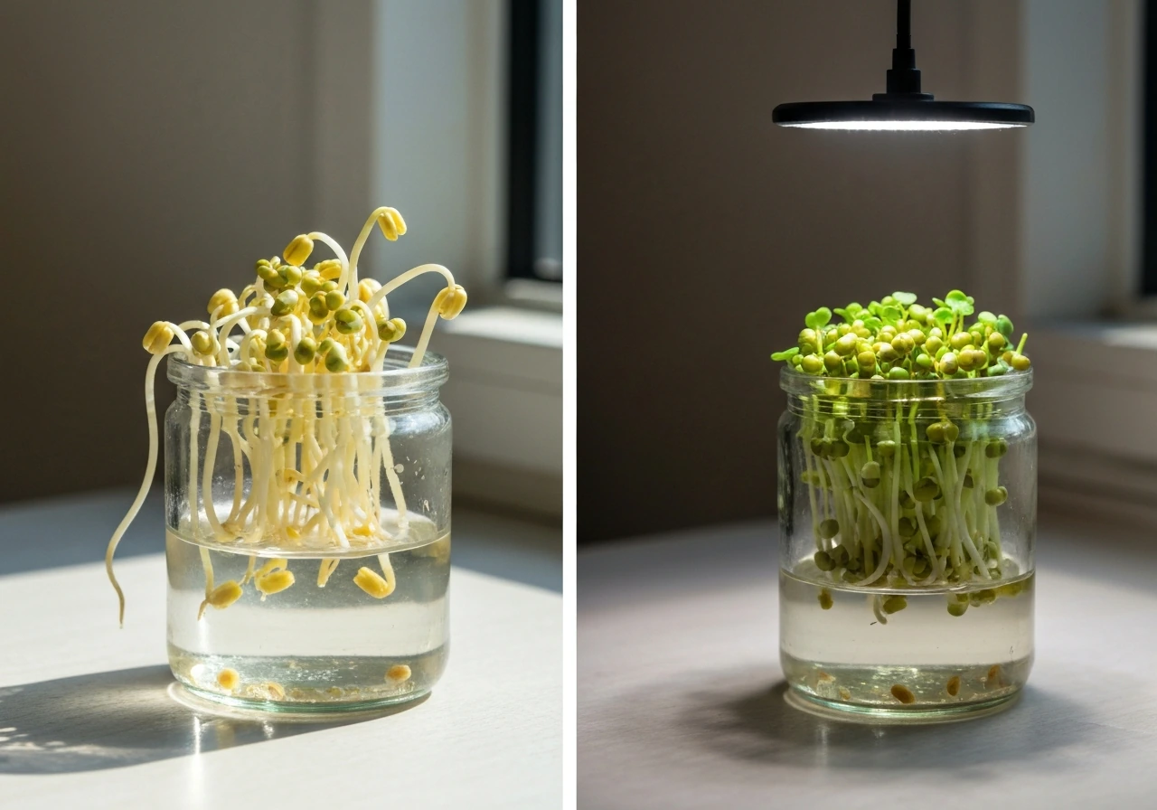 Side-by-side mung bean sprouts showing pale, floppy growth in low light versus sturdier green sprouts under bright light