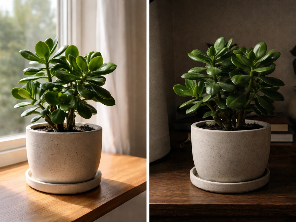 Jade plant in bright window light compared to the same plant in dimmer light