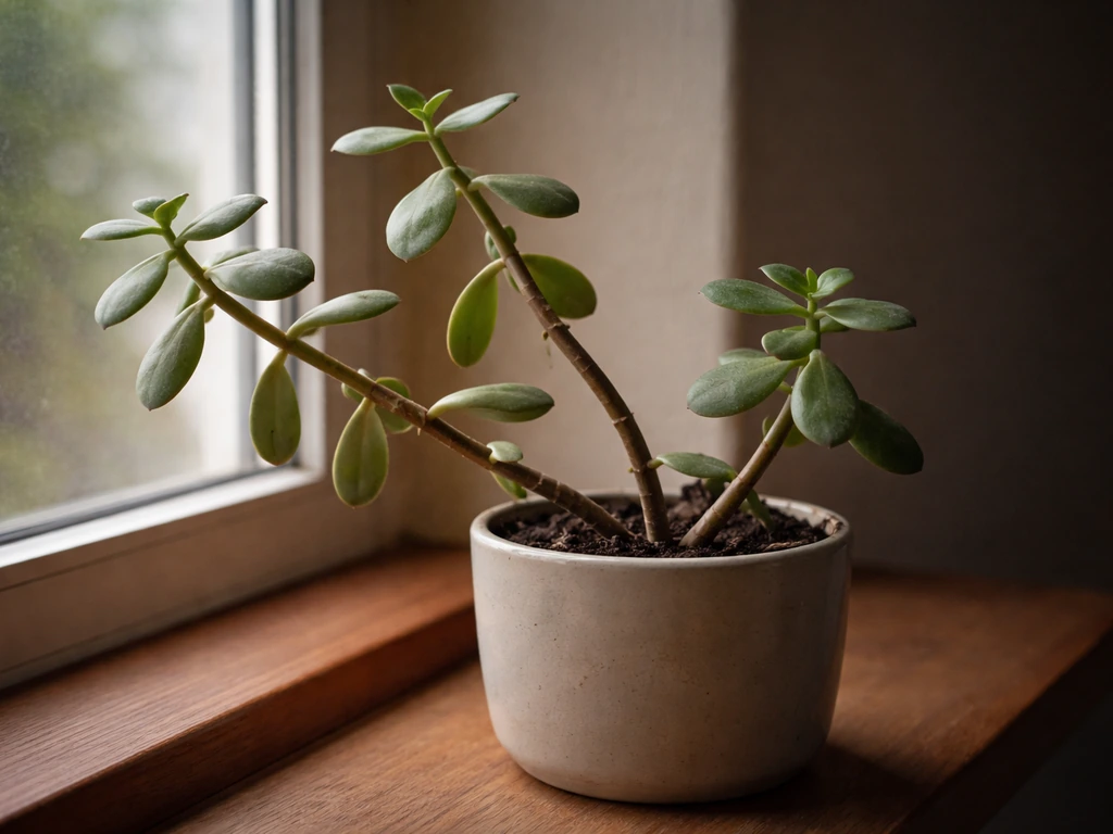 Close-up of a jade plant with leggy stems and pale, soft leaves in dim indoor light