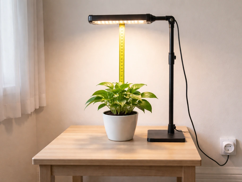 A plant under an LED grow light with a measuring tape showing 6–12 inches to the canopy