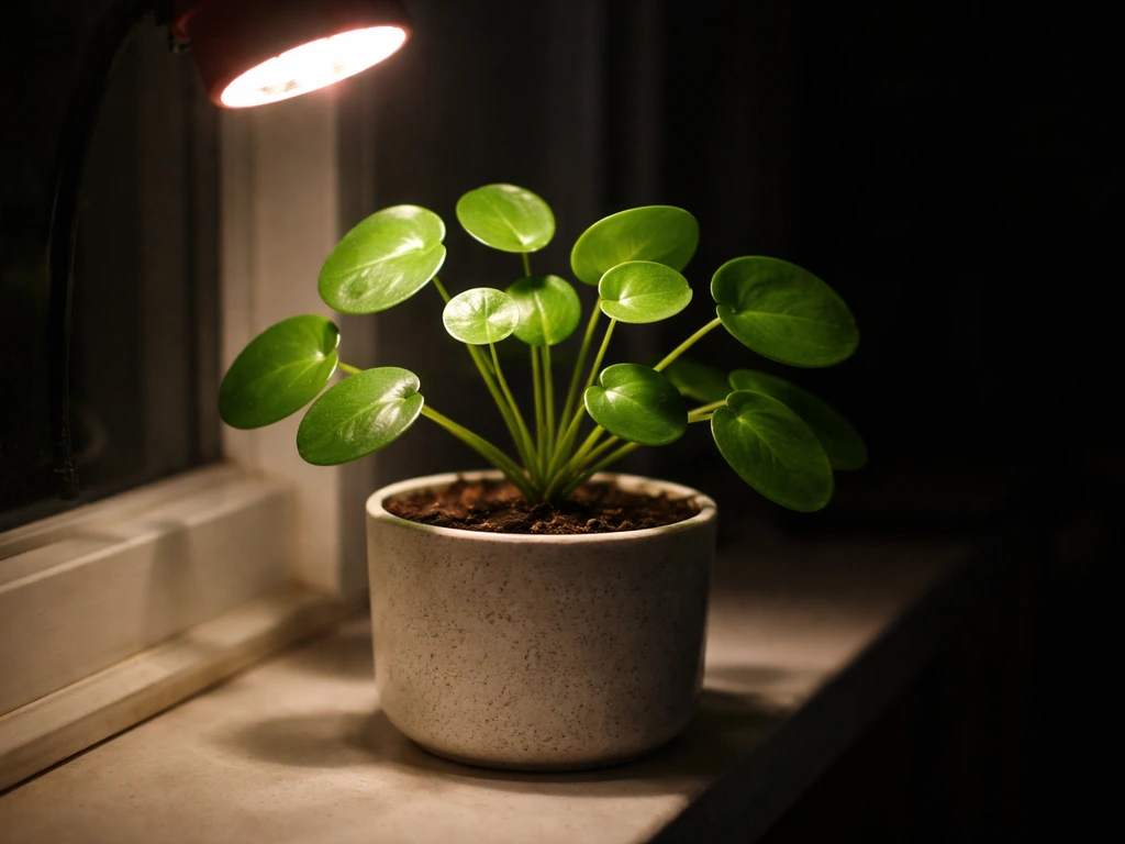 Healthy money plant under a red grow light in a dim dark room with leaf detail visible.