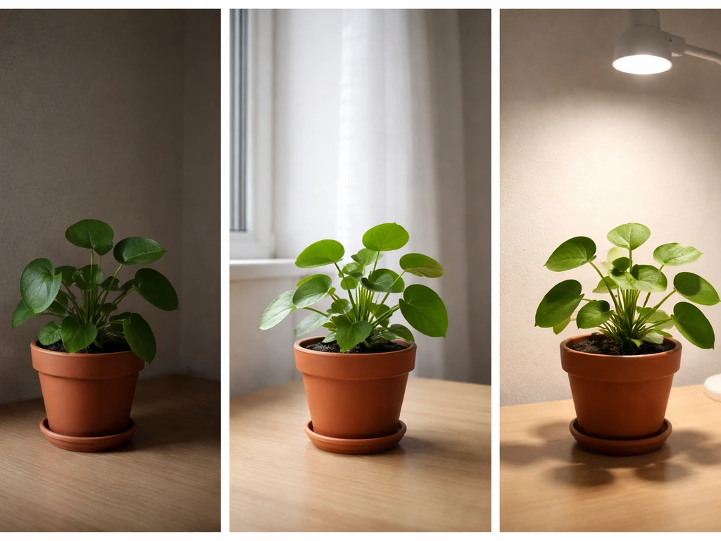 Three simple photos: struggling plant in dark corner, near-window low light, and under a grow light.