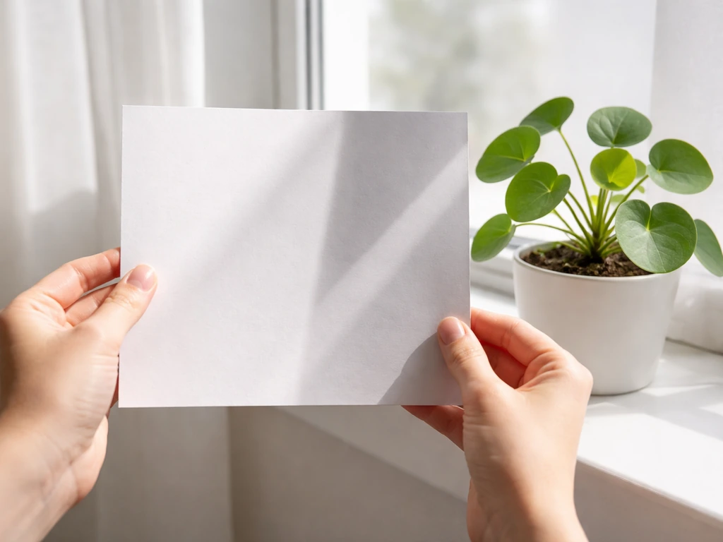 Hands holding white paper near a pilea to compare shadows and check if it gets enough light