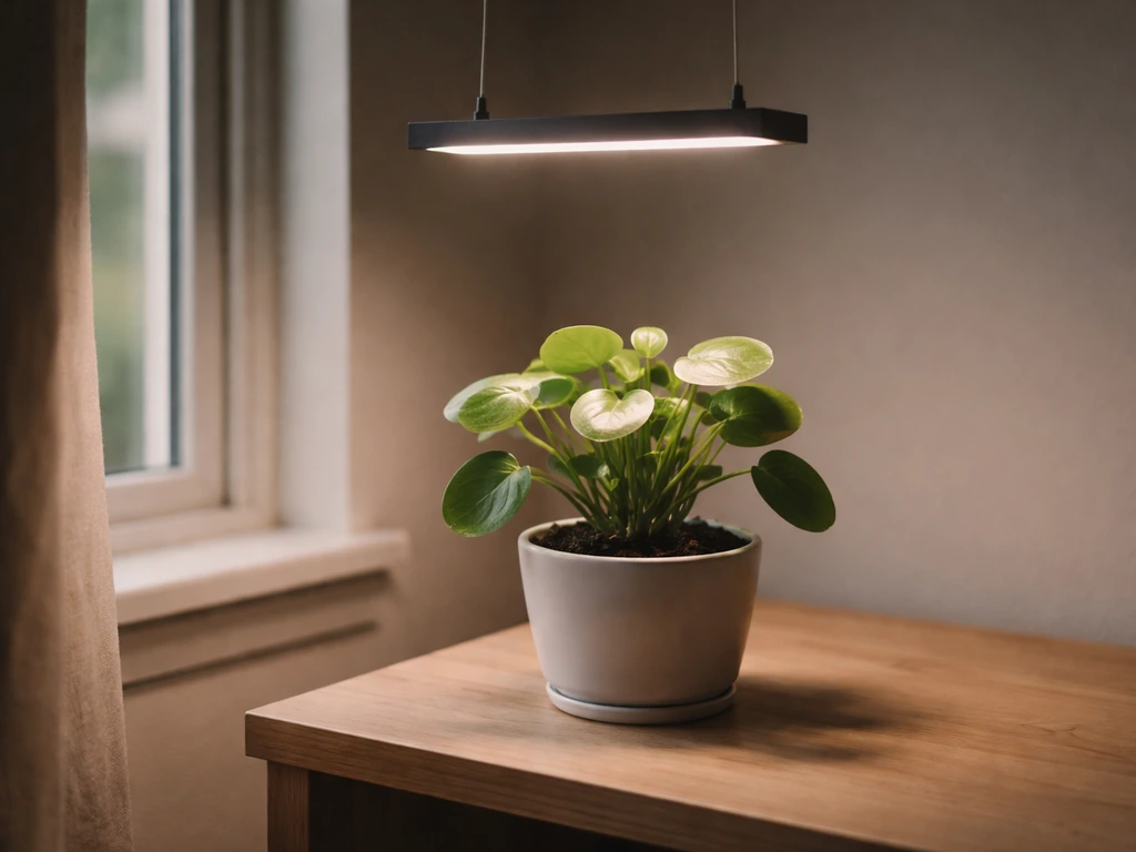 Small Pilea under a dim LED grow light on a shelf beside a window, showing close placement.