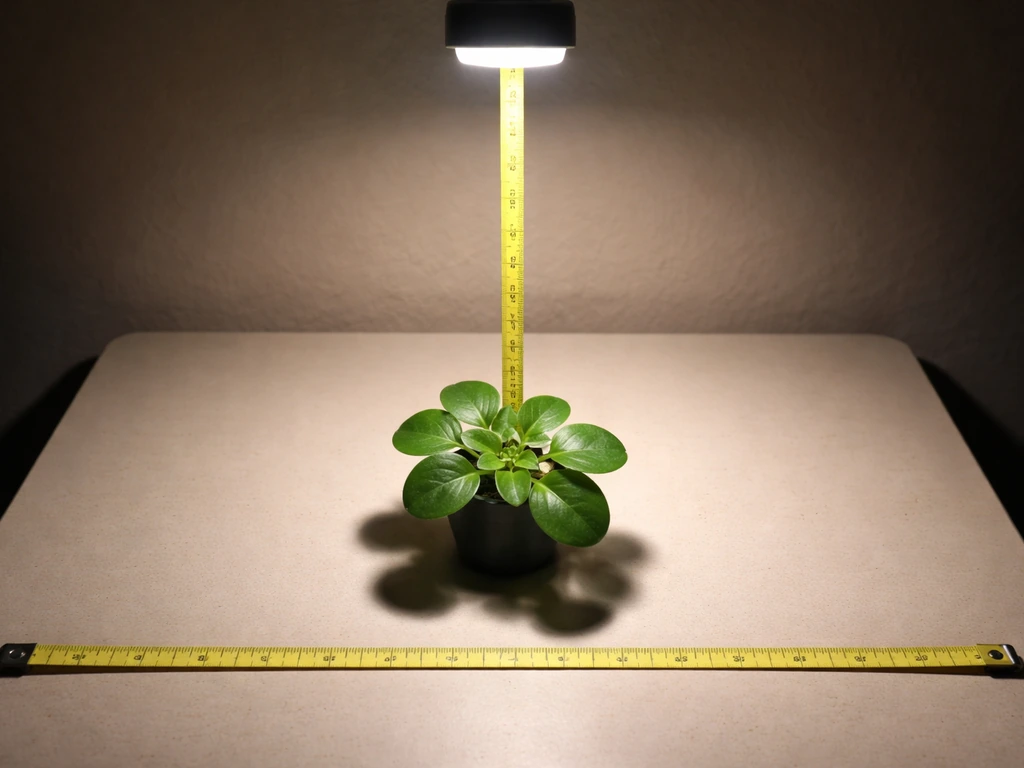 Top view of a pilea plant under a grow light with a measuring tape showing two distances
