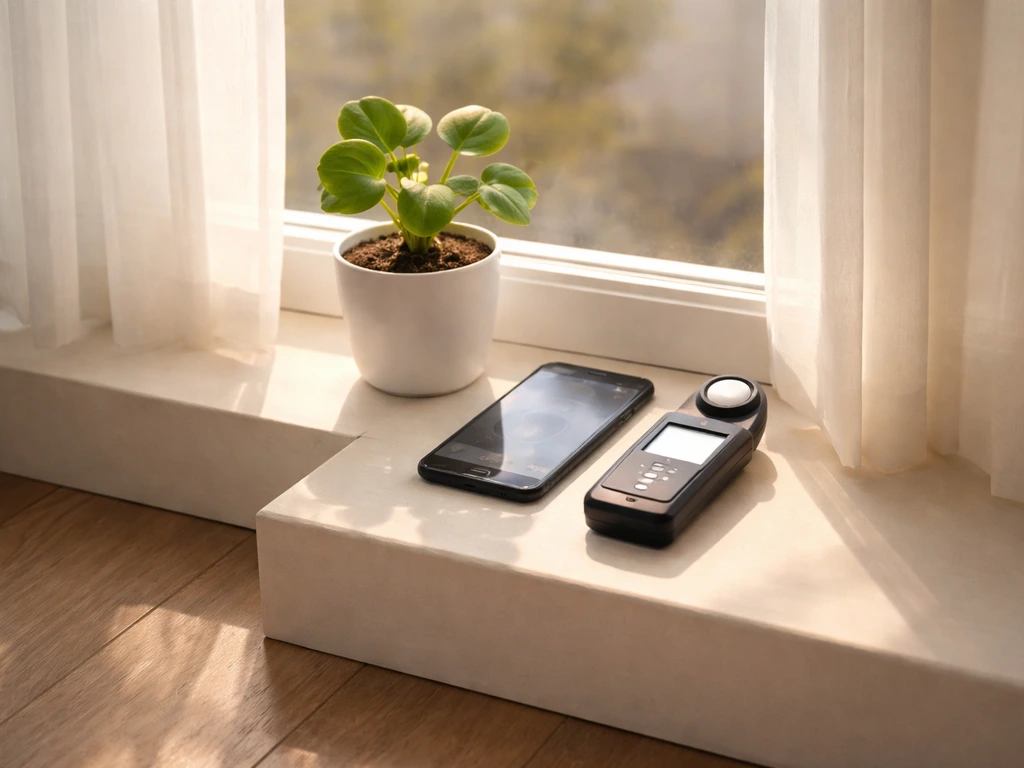 Phone and LED light meter beside a potted plant on a windowsill with warm daylight streaming in.