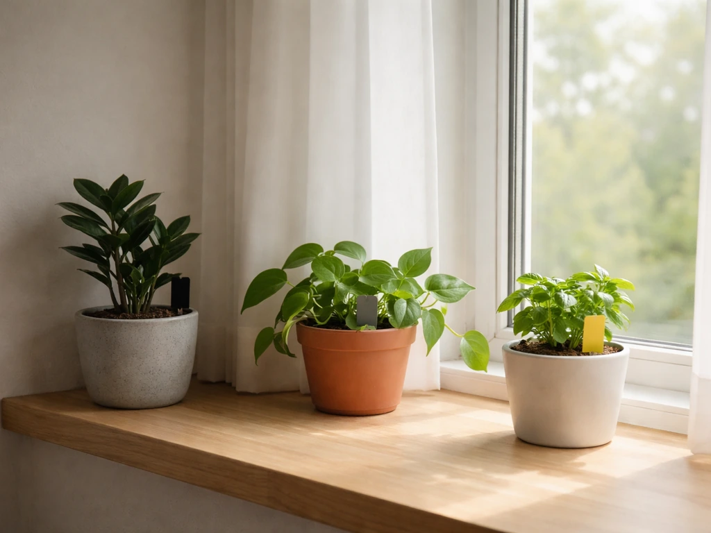 Three potted plants on a windowsill under different light levels, clearly matched for low, medium, and high light.