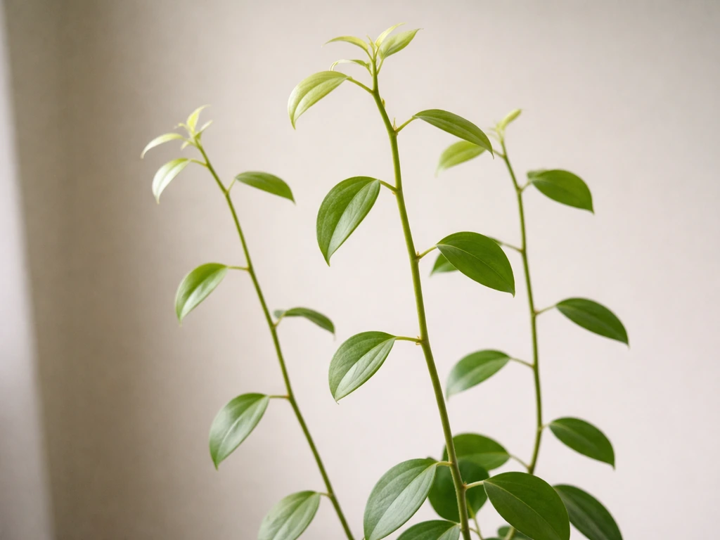 Close-up of a leggy houseplant with sparse pale/yellow new leaves indicating too little light
