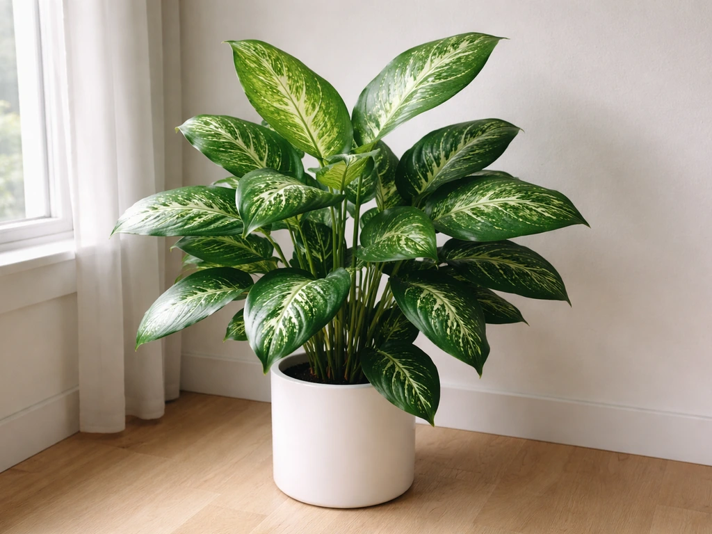 Thriving Dieffenbachia houseplant in a softly lit indoor corner with healthy glossy leaves.