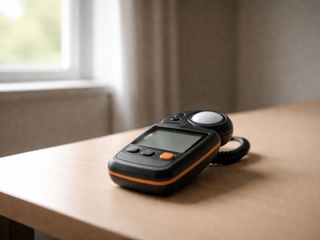 Close-up of a lux meter reading light near a window in a quiet indoor room