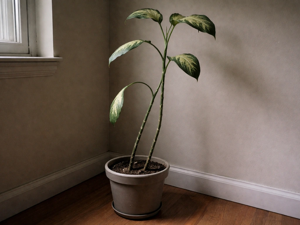 Dieffenbachia in low light with long bare stems and widely spaced leaves.