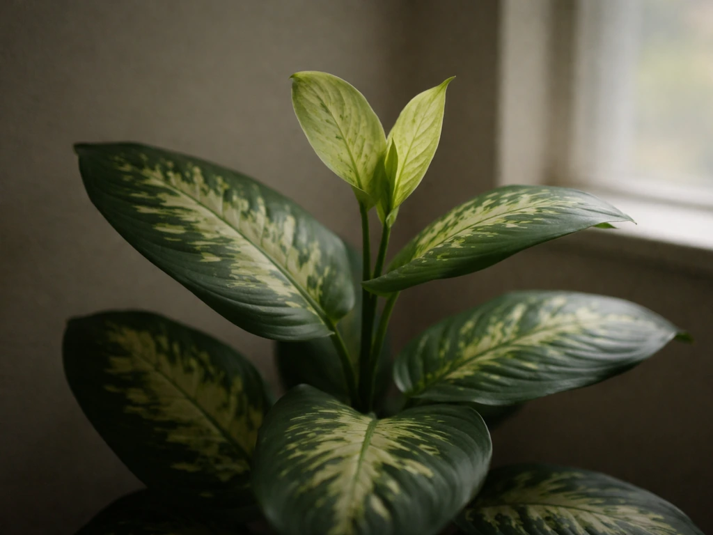 Dieffenbachia with smaller new leaves and faded cream variegation in dim indoor light.