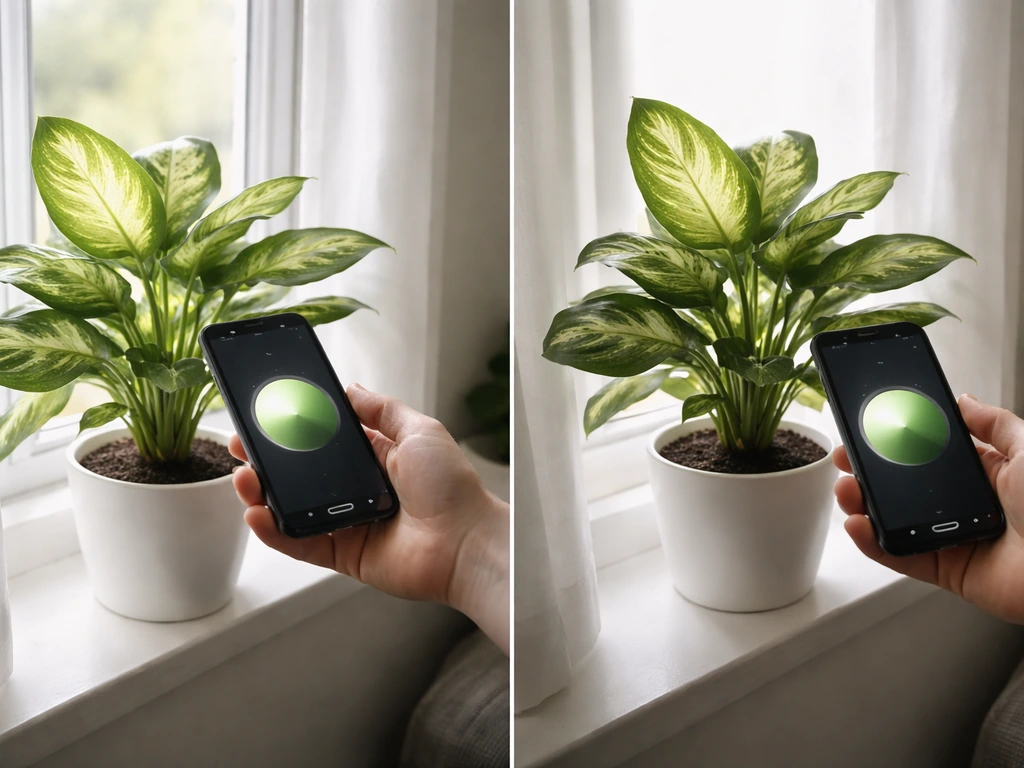 Person using a phone lux meter near a dieffenbachia, comparing light in a bright room
