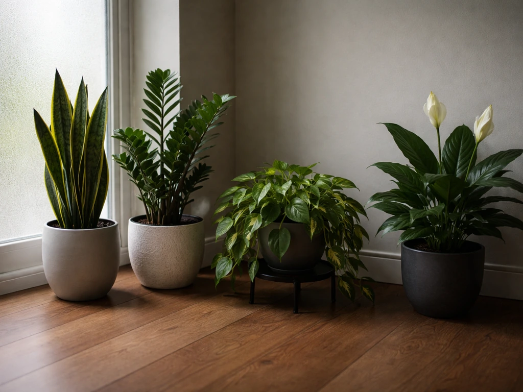 A tidy grouping of low-light houseplants in soft shade, highlighting the difference between thrive and survive plants.