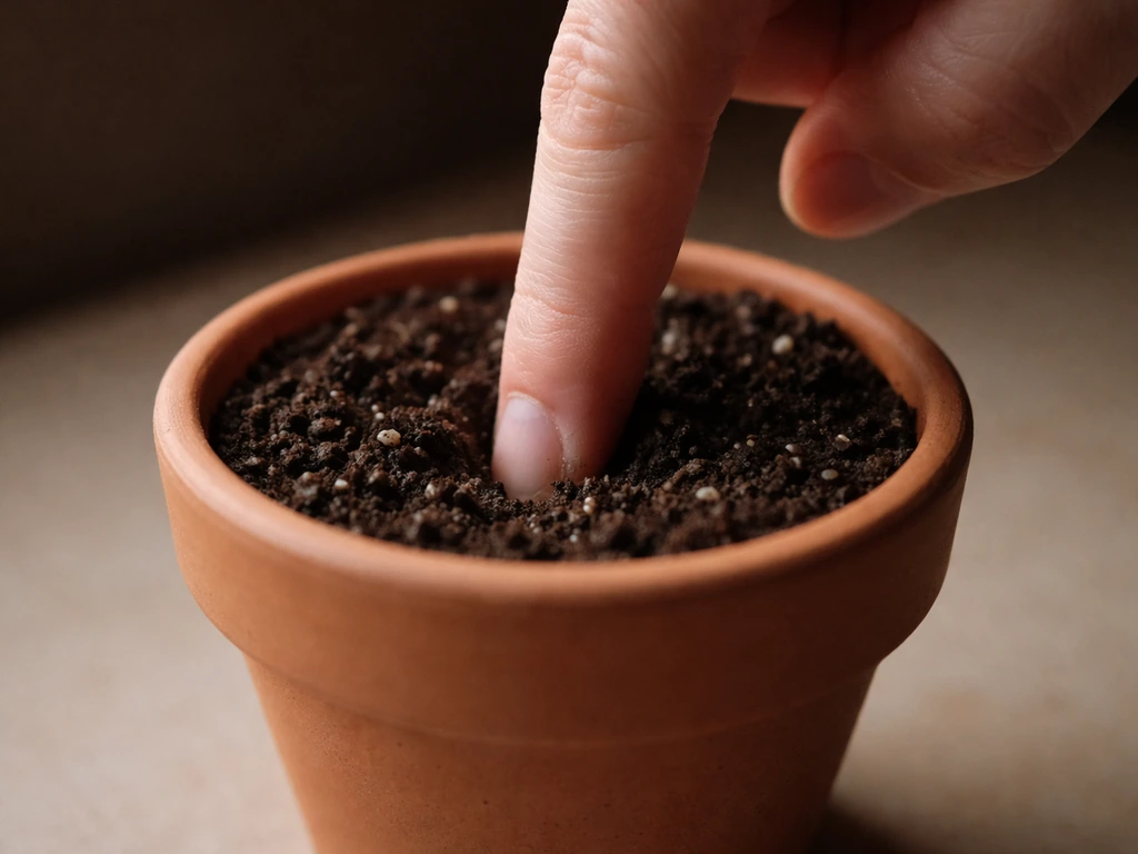 Close-up of a hand pushing a finger into potting soil to check moisture level in a low-light setting.