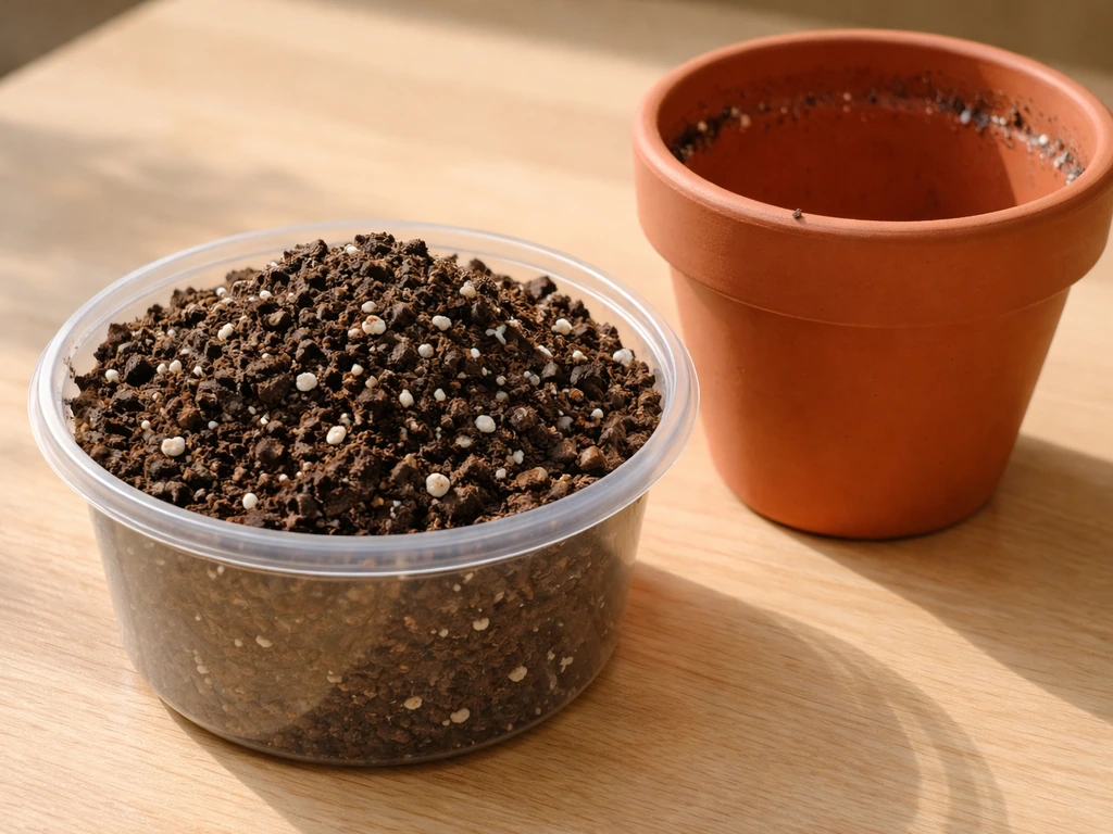 Close-up of a dark, well-draining potting mix with scattered perlite in a small container beside a pot