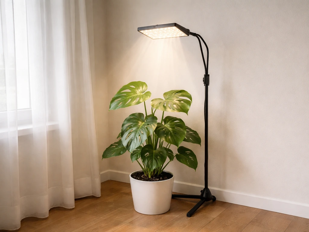 LED grow light positioned in a room corner above a potted plant, showing correct distance and angle