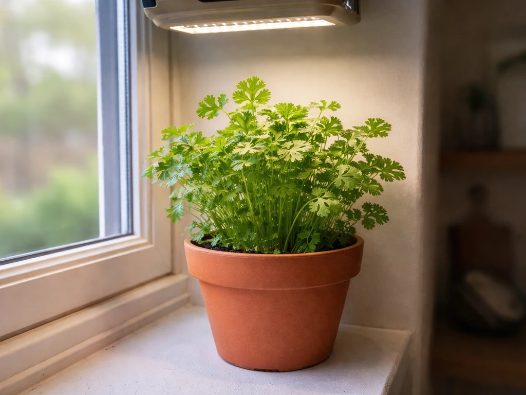 Lush indoor coriander in a pot on a windowsill growing under a small LED grow light.