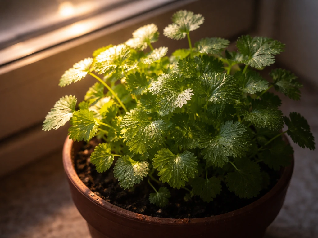 Close-up of coriander leaves with a soft light beam falling on them from a lamp direction