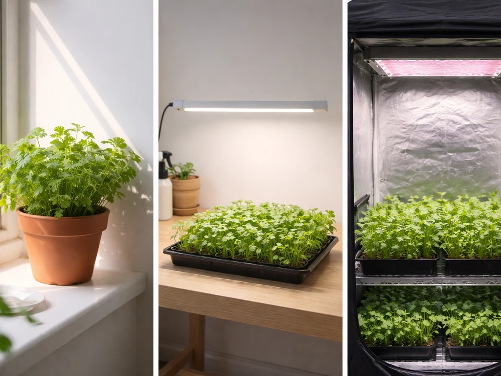 Three minimal indoor coriander setups showing window light, an LED bar, and a grow tent light coverage.