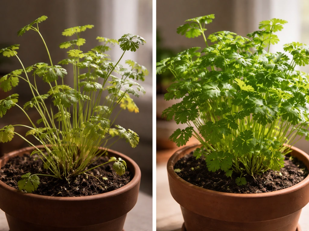 Indoor coriander in low light looks leggy and yellow, then after adjustment shows greener fuller growth.
