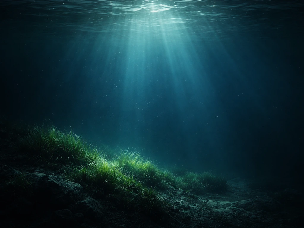 Faint sunbeams penetrate deep ocean water while subtle glowing algae and seagrass grow on the seafloor.
