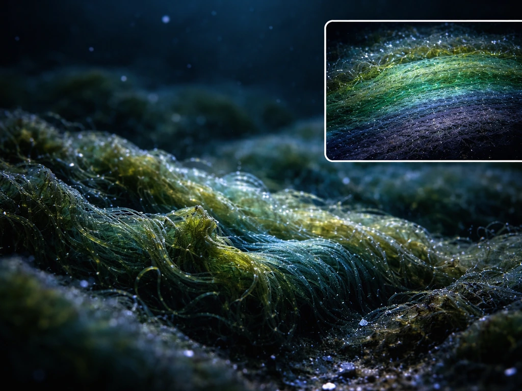 Close-up view of deep-ocean algae and cyanobacteria showing rich pigment colors and a subtle cross-section