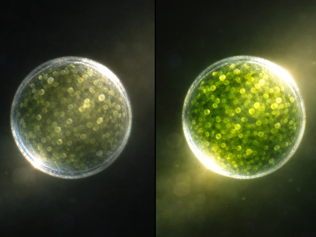 Macro view of one algae cell showing paler pigments in dim light and denser green in bright light.
