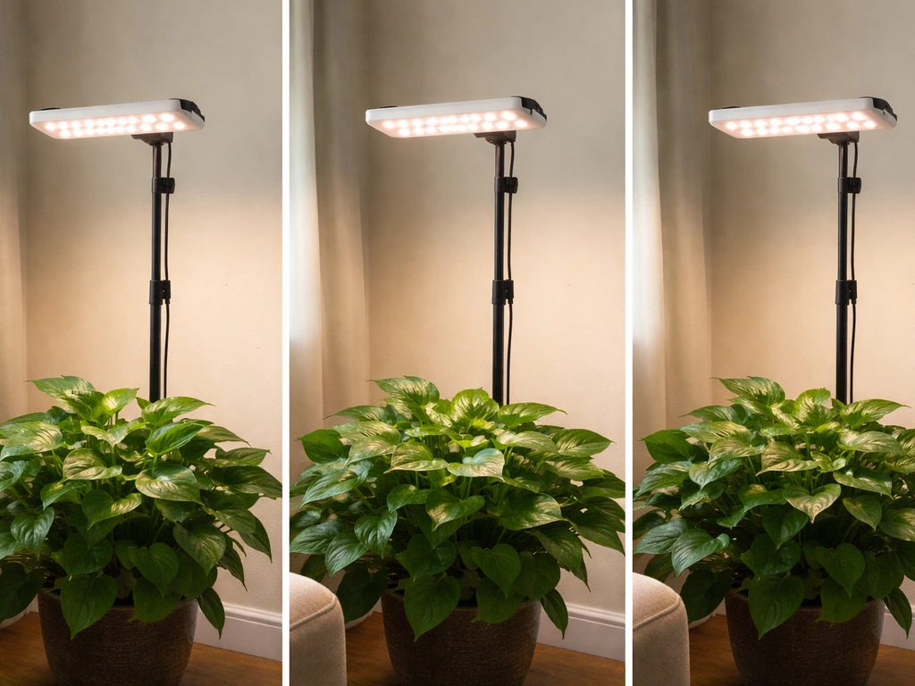 LED grow light above a plant canopy at different heights, showing brightness drop with distance.