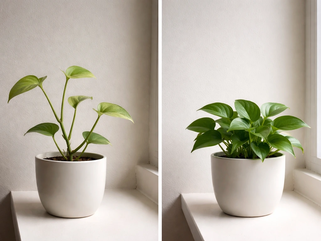 Two small potted plants in a dim room—one leggy and pale, the other healthier near a window.