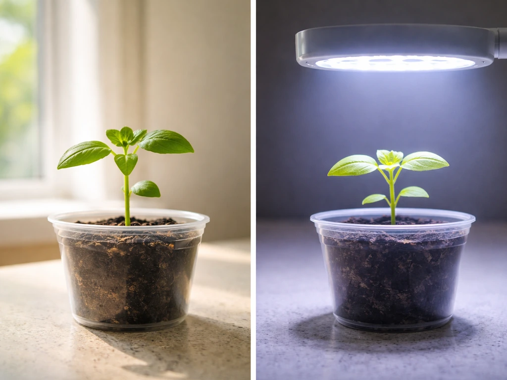 Small plants in pots under sunlight and under an LED grow light, showing visible growth difference.