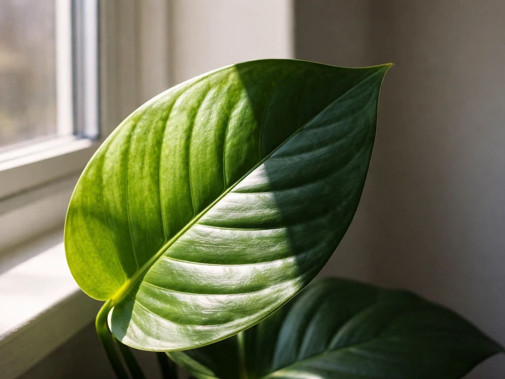 A houseplant leaf on a windowsill, half in sunlight and half shaded to show light differences.