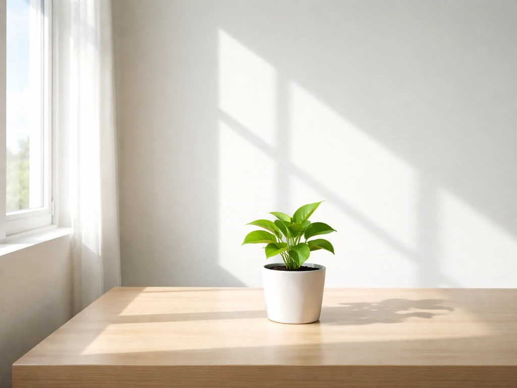 Small potted plant on a desk lit by bright sunlight from a south-facing window.