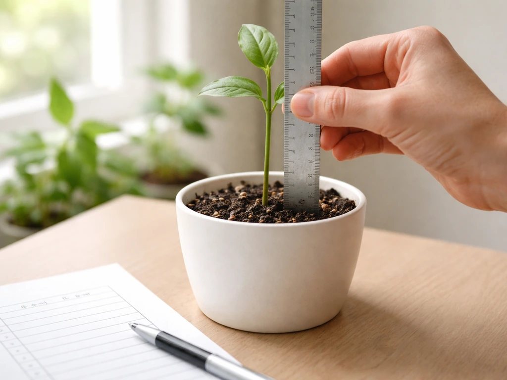 Hand uses a ruler to measure a potted plant’s stem height next to a blank log sheet.