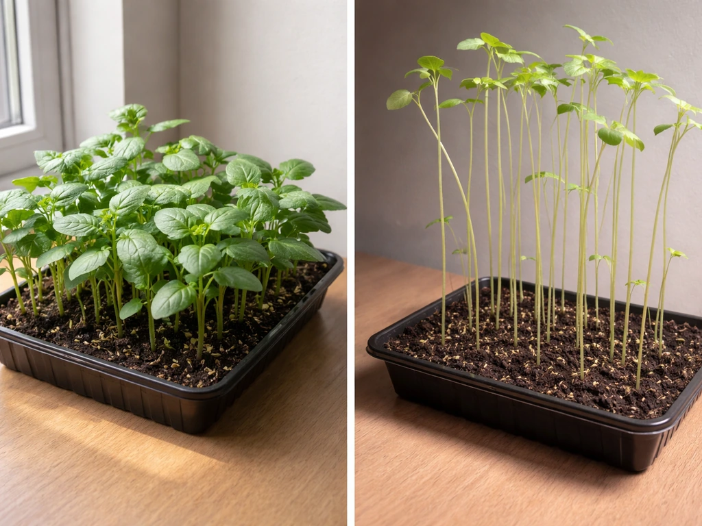 Two adjacent plant sets: one under bright light with compact dark-green leaves, one near-dark with tall spindly growth.